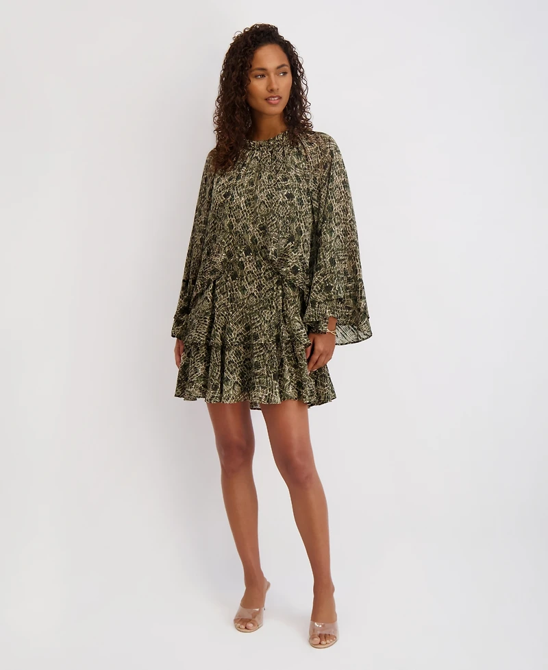 kensie Women's Printed Ruffled Volume-Sleeve Tiered Dress