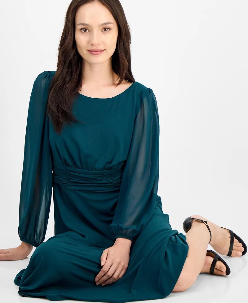 Connected Petite Shirred-Waist Sheer-Sleeve Midi Dress