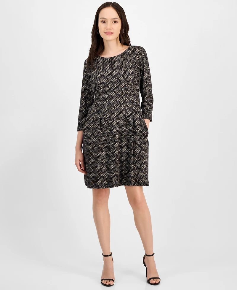 Connected Petite Printed Round-Neck 3/4-Sleeve Dress