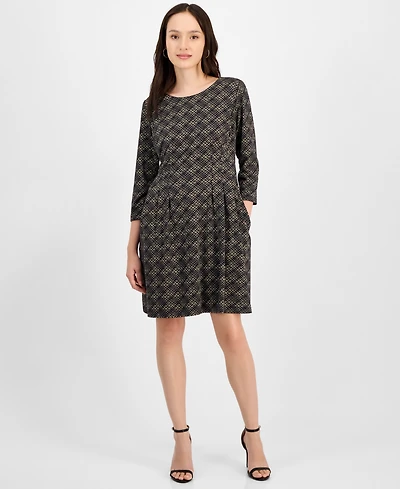 Connected Petite Printed Round-Neck 3/4-Sleeve Dress