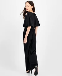 Connected Petite Cape-Sleeve Round-Neck Wide-Leg Jumpsuit