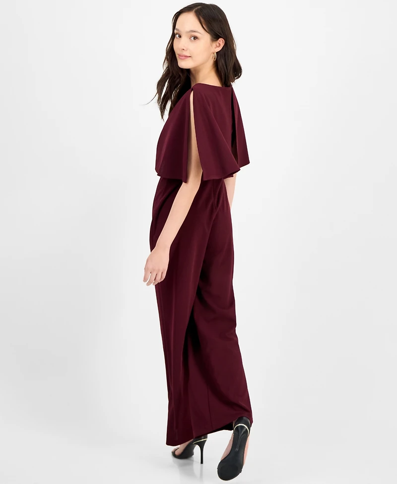 Connected Petite Cape-Sleeve Round-Neck Wide-Leg Jumpsuit