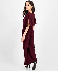 Connected Petite Cape-Sleeve Round-Neck Wide-Leg Jumpsuit