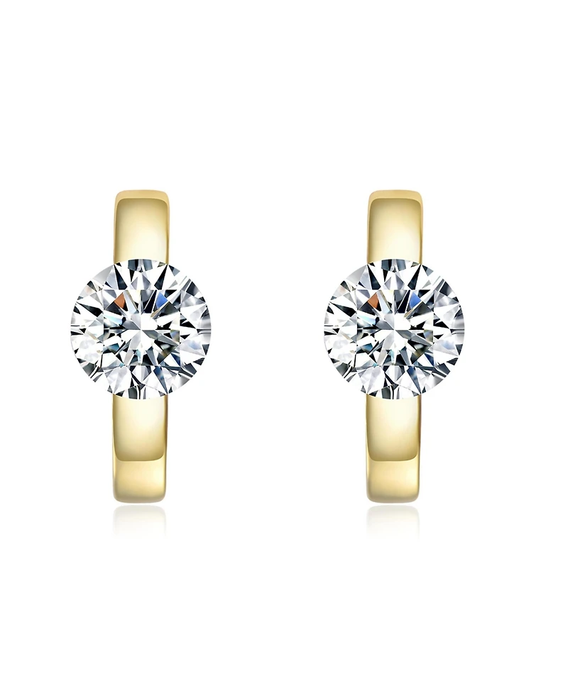 Genevive Sterling Silver 14K Gold Plated with Clear Moissanite Huggie Earrings