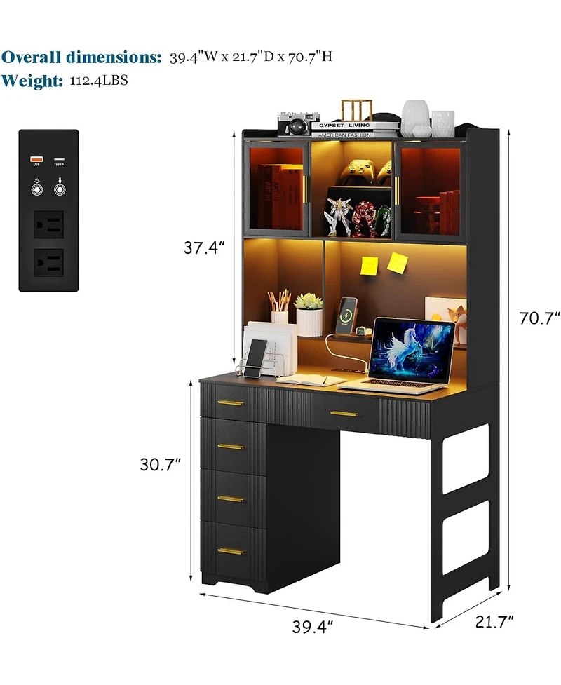 Vlsrka Office study computer desk with charging station and Led lights