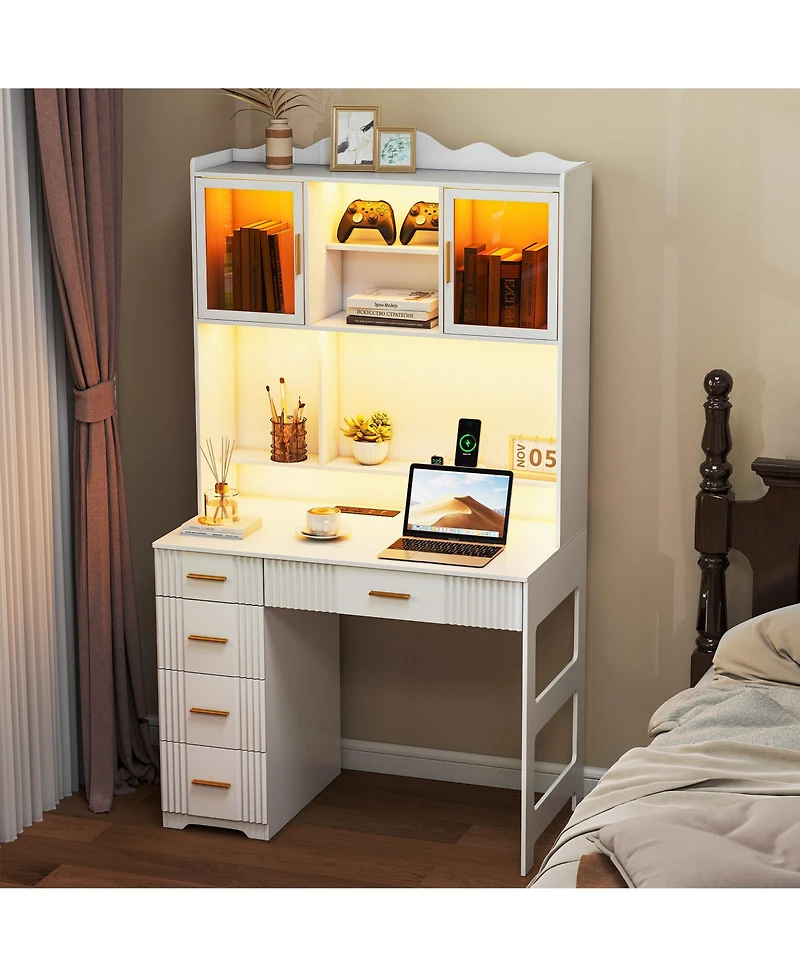 Vlsrka Office study computer desk with charging station and Led lights