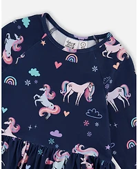 Deux par Girl Jersey Dress with Pockets Navy Unicorn Print