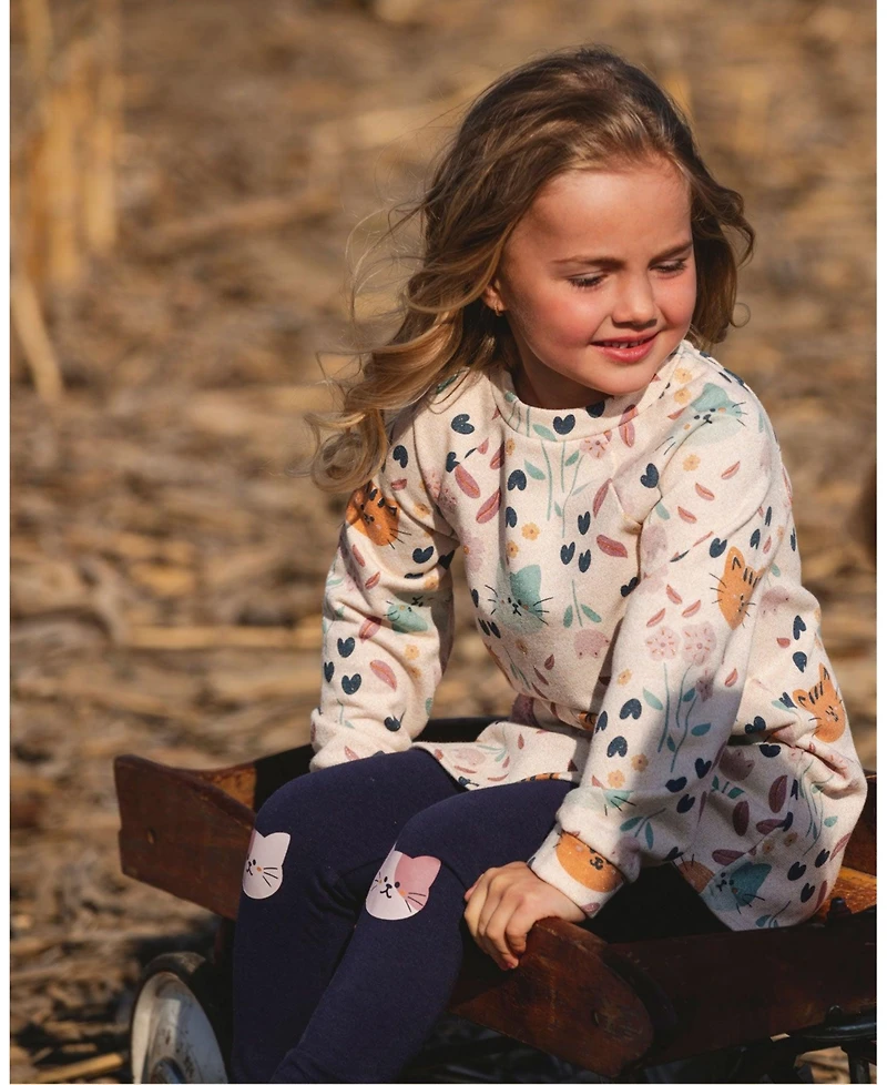 Deux par Baby Girls Glittering French Terry Dress Beige Printed Cat