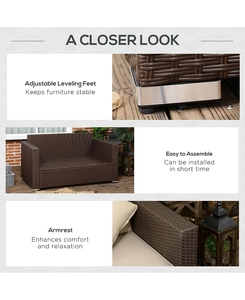 Outsunny Wicker Loveseat, Patio Furniture Couch, Padded Outdoor Sofa,