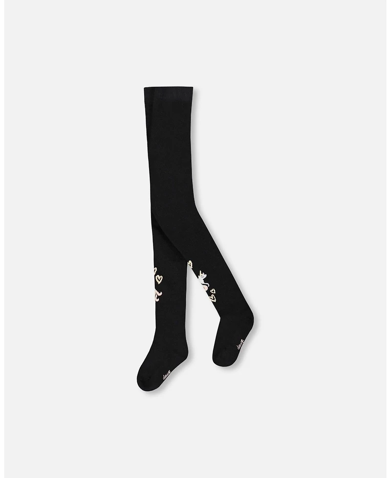 Deux par Girl Knit Tights Black with Unicorns and Hearts - Toddler|Child