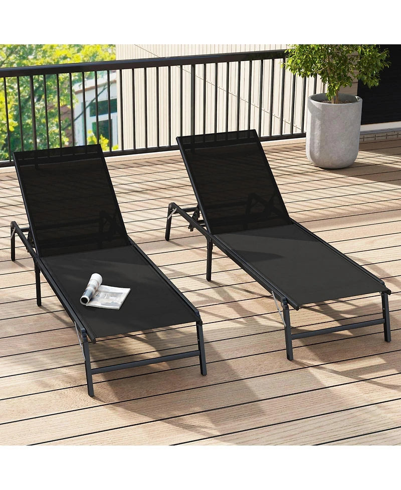 Gymax 2 Pcs Reclining Lounge Chairs Folding Patio Recliner Chair w/5-position Backrest