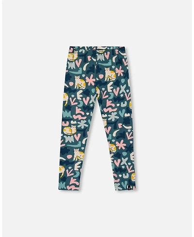 Deux par Girl Stretch Jersey Leggings Green Cat Print