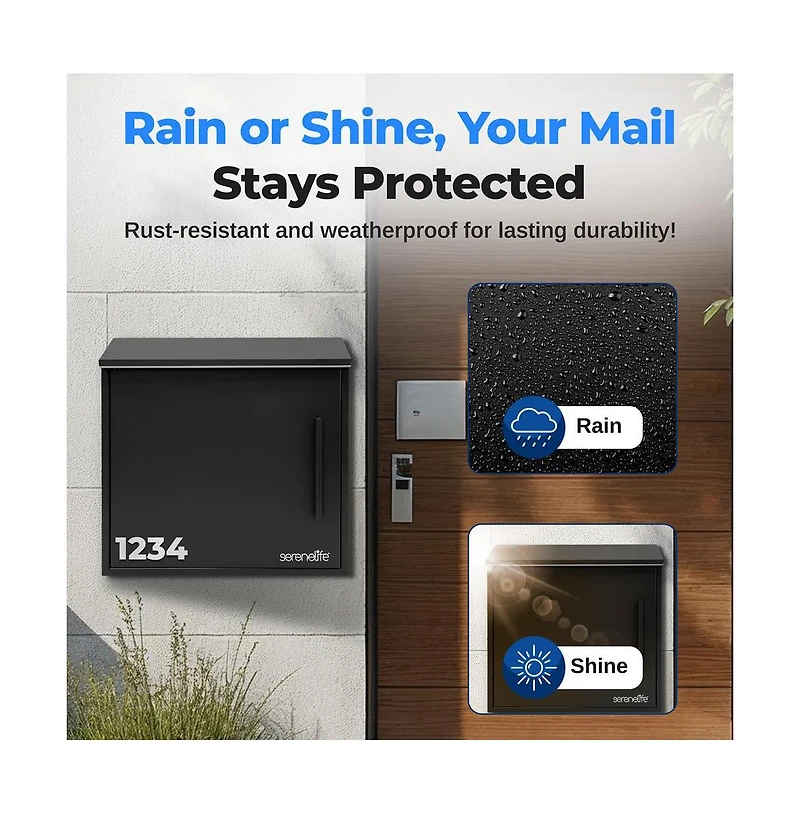 SereneLife Outdoor Wall Mount Locking Mailbox Apartment Letter Organizer, Includes 2 Keys (Black)