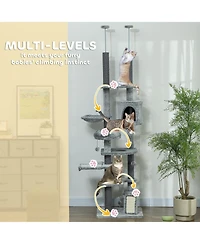 PawHut 89"-100" Floor to Ceiling Cat Tree with Cat Perch & Condo,