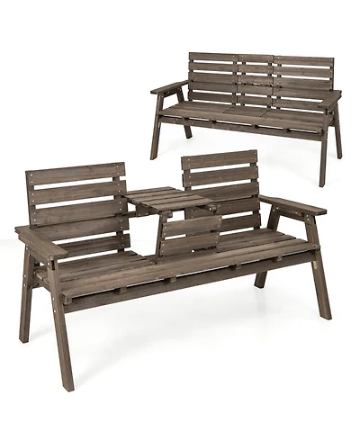 Gymax Outdoor Fir Wood Bench w/ Foldable Middle Table w/ Backrest & Armrests