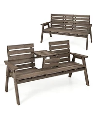Gymax Outdoor Fir Wood Bench w/ Foldable Middle Table w/ Backrest & Armrests