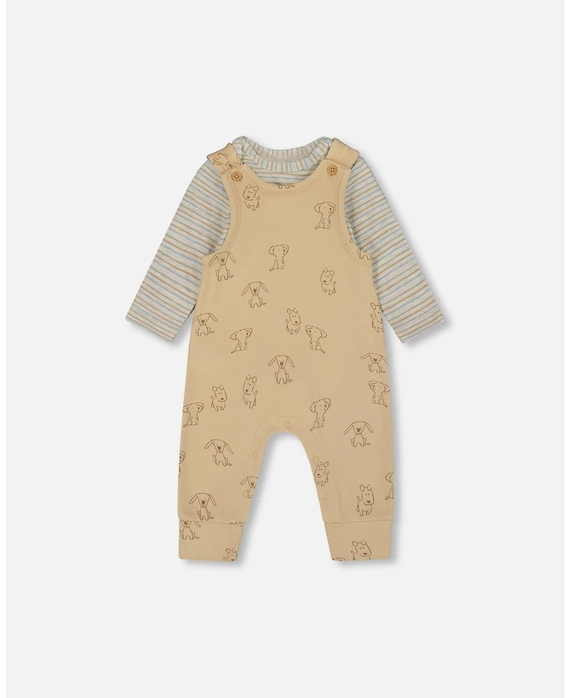 Deux par Baby Boys Cotton Onesie with Overalls Set Beige Printed Dogs