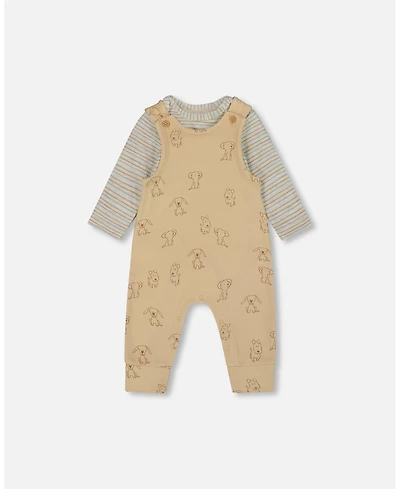 Deux par Baby Boys Cotton Onesie with Overalls Set Beige Printed Dogs