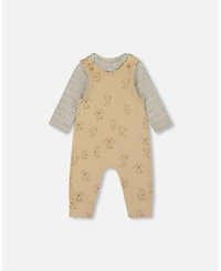 Deux par Baby Boys Cotton Onesie with Overalls Set Beige Printed Dogs