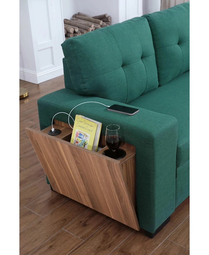 Homlux 3-Piece Linen Sectional Sofa with Pull-Out Sleeper, Storage Chaise & Cup Holder,Green