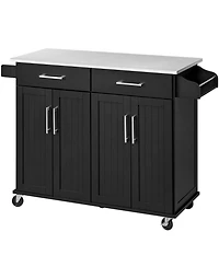 Kitchen Island on Wheels, Large with Storage Drawers & Cabinets Towel Bar Spice Rack Black