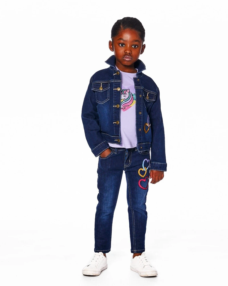 Deux par Girl Stretch Jeans Blue Denim with Glittery Hearts - Child