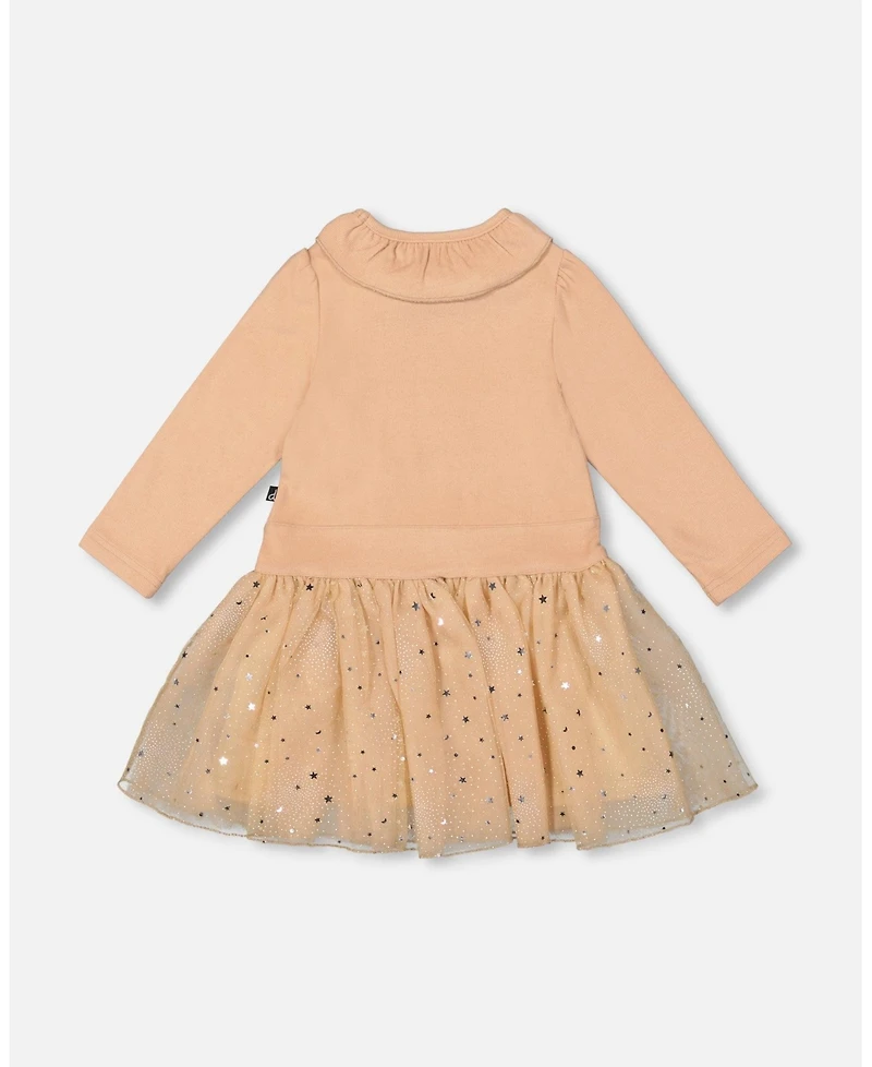 Deux par Big Girls Bi-Material Dress with Glittering Skirt Beige