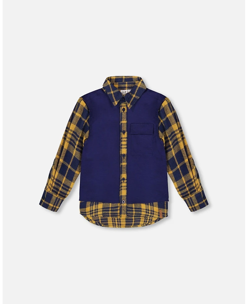 Deux par Boy Long Sleeve Plaid Flannel Shirt with Solid Vest Blue and Ocher - Toddler|Child