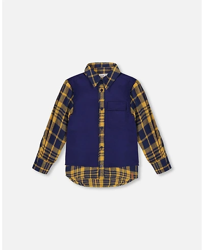 Deux par Boy Long Sleeve Plaid Flannel Shirt with Solid Vest Blue and Ocher - Toddler|Child