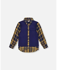 Deux par Boy Long Sleeve Plaid Flannel Shirt with Solid Vest Blue and Ocher - Toddler|Child