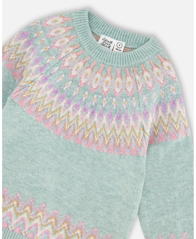 Deux par Girl Sweater with Norwegian Jacquard Turquoise Blue - Child