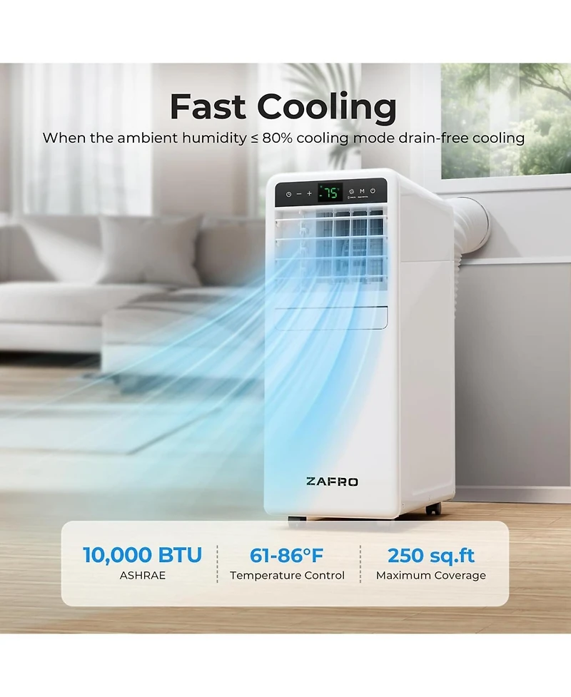 Zafro 10,000 Btu Portable Air Conditioner 3-in-1 with Fan, Dehumidifier & Drain-Free Cooling, App/Remote Control, Quiet 48dB, Sleep Mode, 24H Timer