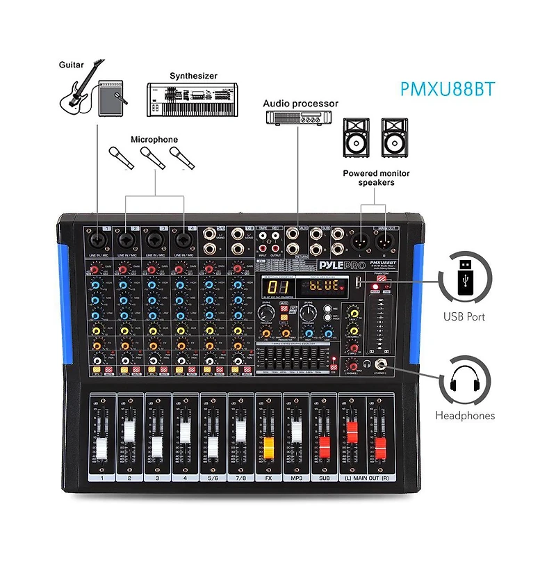 Pyle 8-Ch. Bluetooth Studio Mixer - Dj Controller Audio Mixing Console System