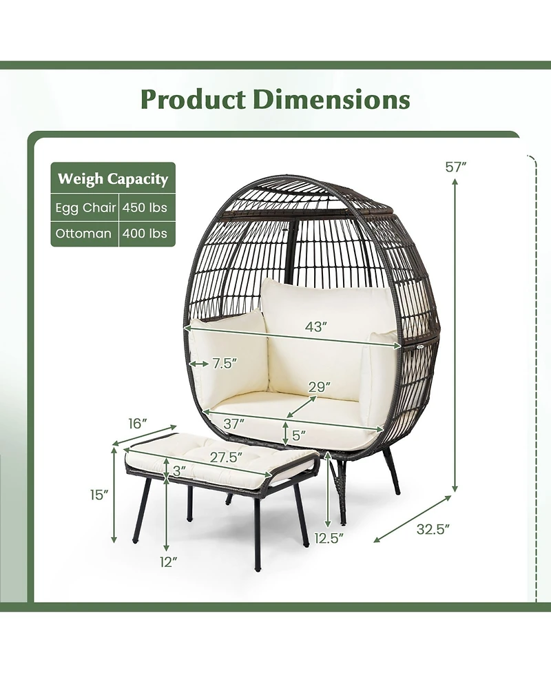 Gymax 2 Pcs Patio Wicker Lounge Basket Set Oversized Egg Chair w/ Soft Cushions