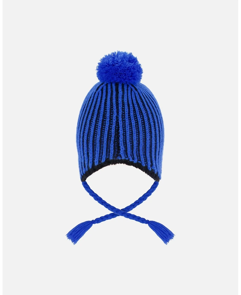 Deux par Boy Winter Peruvian Knit Hat with Pompom and Lining Black Blue - Toddler|Child