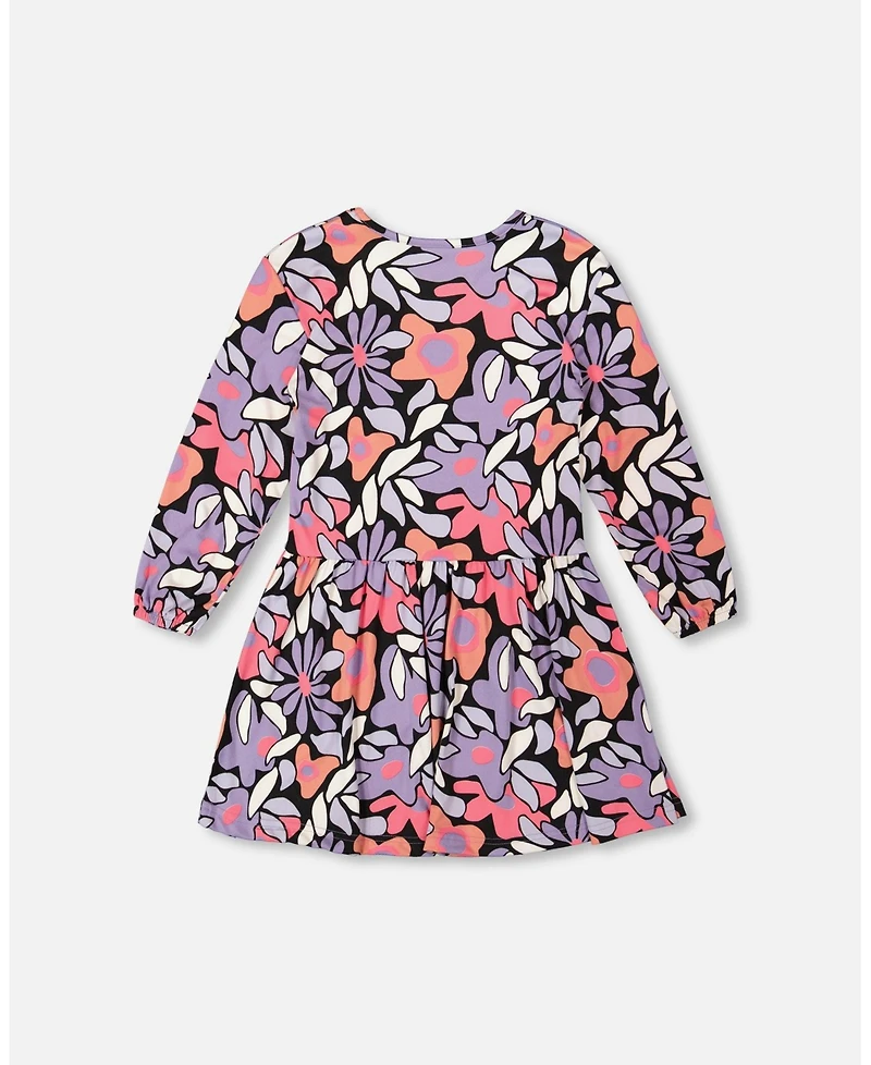 Deux par Girl Jersey Dress Black Retro Flower Print - Child