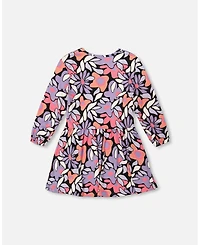 Deux par Girl Jersey Dress Black Retro Flower Print - Child