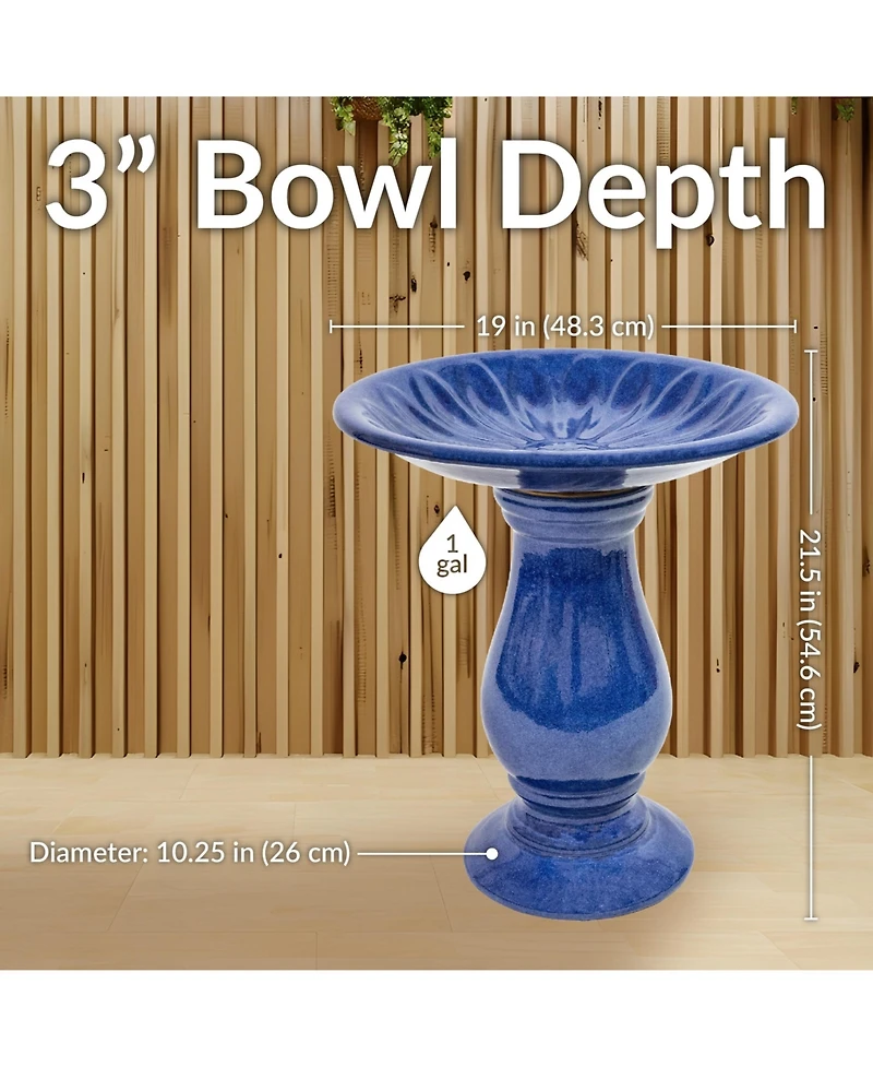 Daisy Embossed Bowl Ceramic Bird Bath with Glazed Finish - Blue - 21.5" H