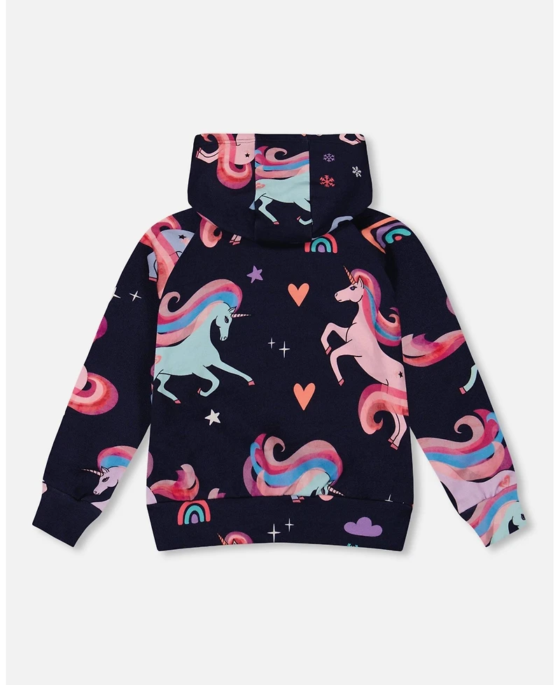 Deux par Girl Pullover Fleece Hoodie Navy Unicorn Print