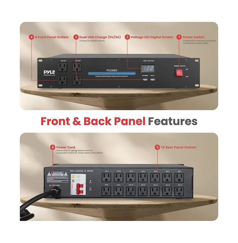 Pyle 19'' Rack Mount Power Conditioner - 3600 Watt Power Conditioner w/ 18 Outlets