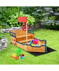 Gymax Toddler Pirate Boat Wooden Sandbox Non-Woven Fabric Liner Children Outdoor Playset