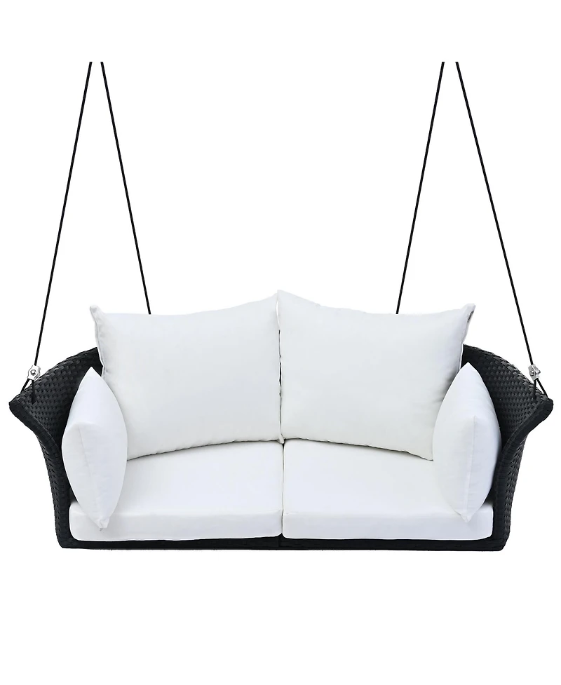 Flynama Go 51.9" 2-Person Hanging Seat, Rattan Woven Swing Chair, Porch Swing With Ropes, Black Wicker And White Cushion