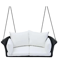 Flynama Go 51.9" 2-Person Hanging Seat, Rattan Woven Swing Chair, Porch Swing With Ropes, Black Wicker And White Cushion