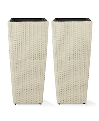 Casafield (Set of 2) All-Weather Outdoor Planters with Liners - White, Tall Tapered Plant Boxes with Flower Pots for Front Porch, Patio, Garden