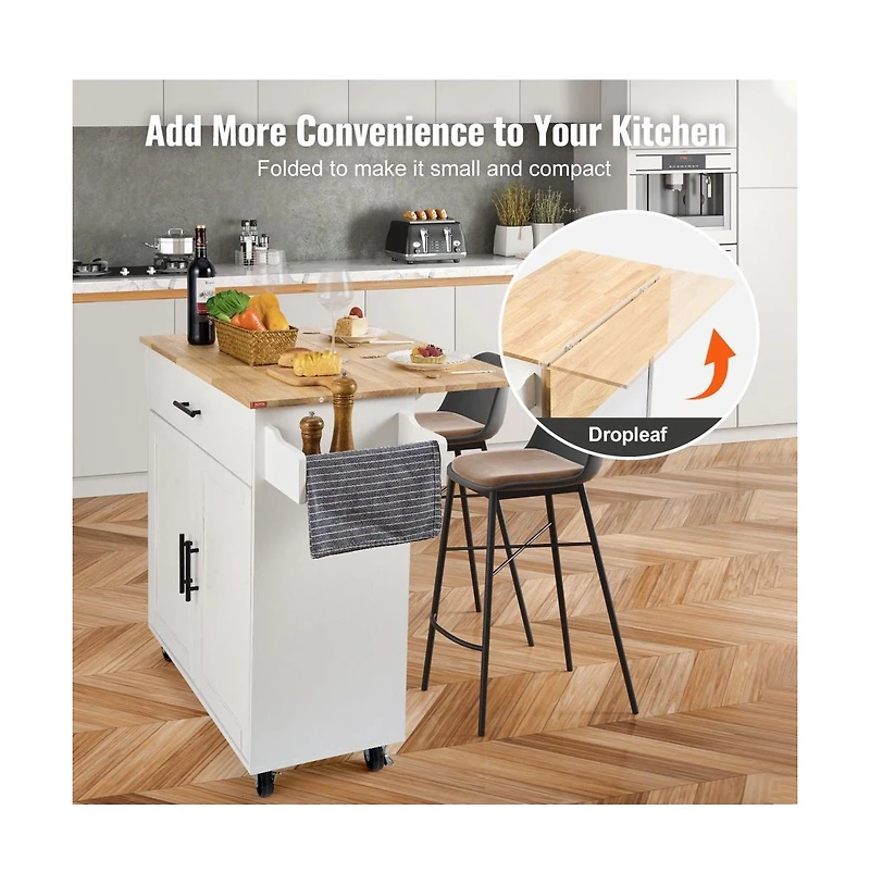 Slickblue Kitchen Cart with Wood Top, Storage Cabinet, Drop Leaf, and Rolling Wheels