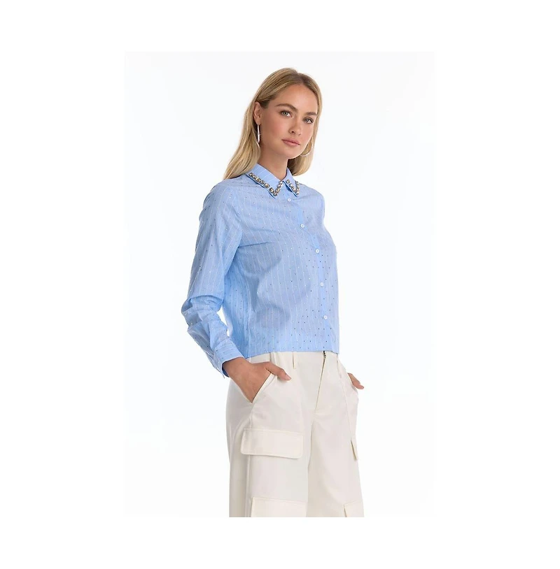 The Noli Shop Women's Josefina Crystal Button Up - Blue Stripe