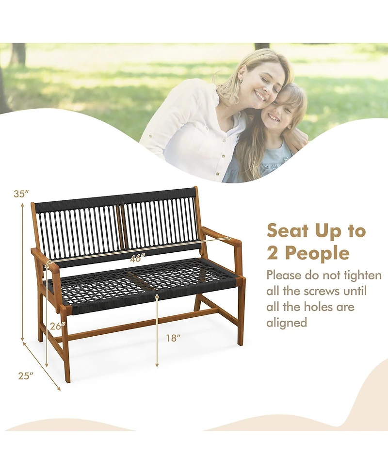 Gymax Patio 2-Person Acacia Wood Bench All-Weather Rope Woven Outdoor Garden