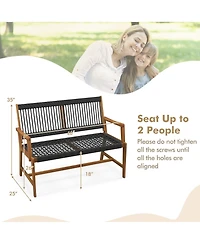 Gymax Patio 2-Person Acacia Wood Bench All-Weather Rope Woven Outdoor Garden