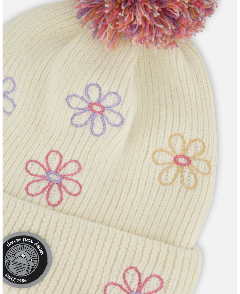 Deux par Girl Lined Knit Pompom Hat Off-White and Pink - Toddler|Child