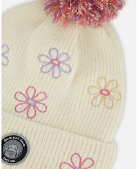 Deux par Girl Lined Knit Pompom Hat Off-White and Pink - Toddler|Child